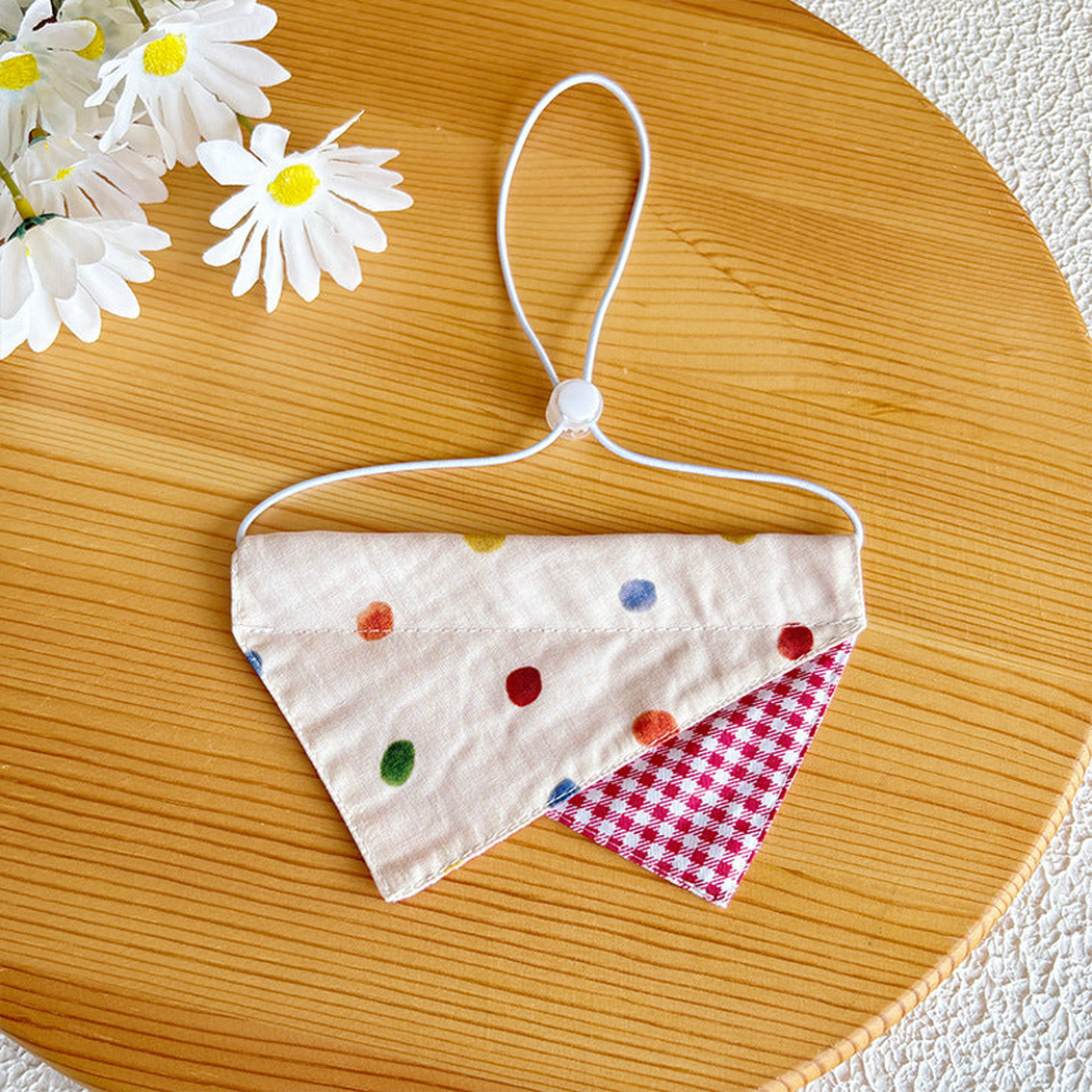 Polka Dot pet neckwear with multicolor dots and a red gingham accent