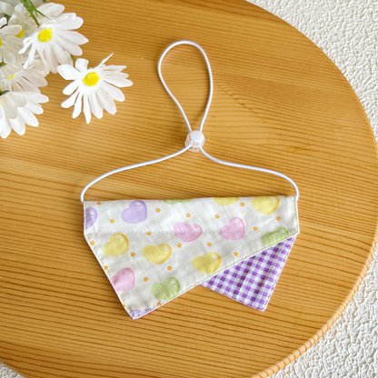 Purple Heart pet neckwear with pastel hearts and a purple gingham accent