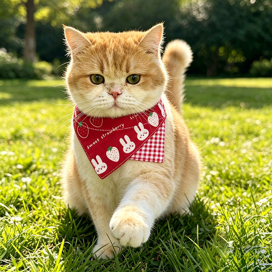 Strawberry pet neckwear worn by an orange cat outdoors