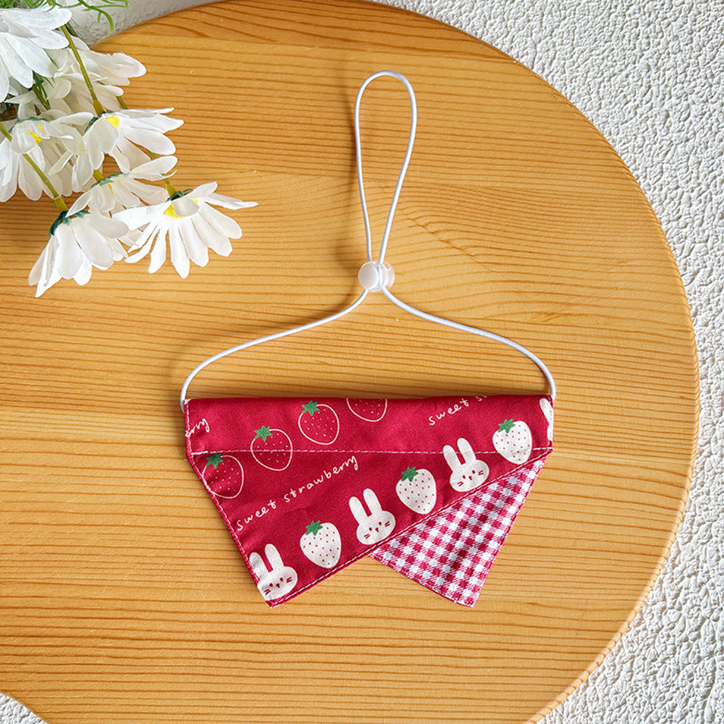 Strawberry pet neckwear with rabbit print, gingham panel and adjustable loop