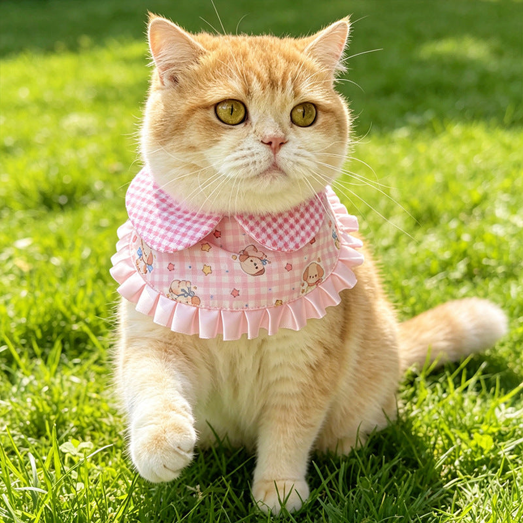 Pink Dog cat neckwear worn by an orange cat outdoors