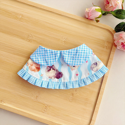 Blue Cat cat neckwear with portrait print and gingham pleated trim