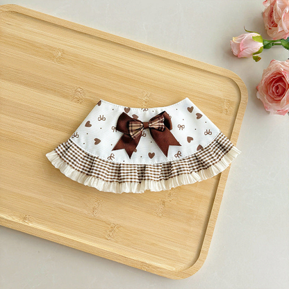 Brown Bow cat neckwear with heart print and layered pleated trim