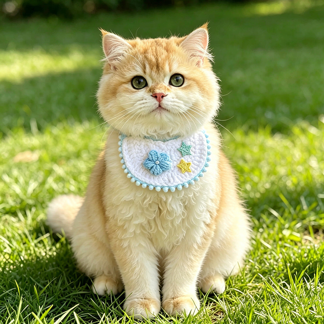 Light blue pet neckwear with flower and star accents worn by a golden cat outdoors
