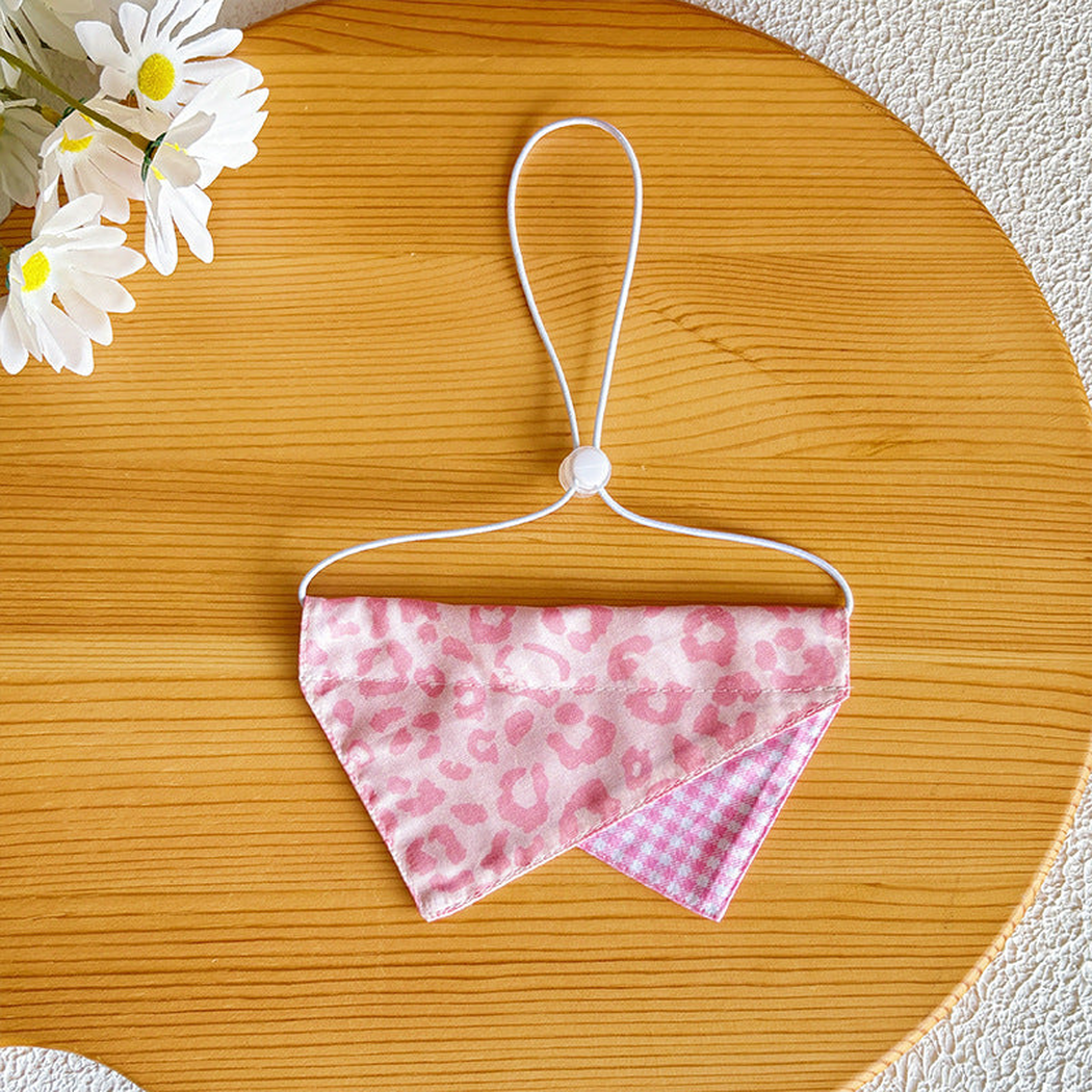 Pink leopard-print pet neckwear with gingham accent and adjustable cord loop