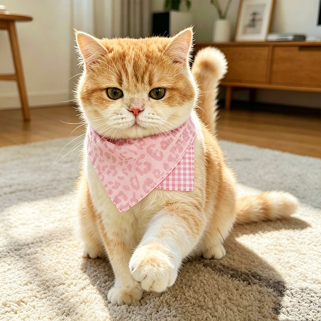 Pink leopard-print pet neckwear worn by an orange cat