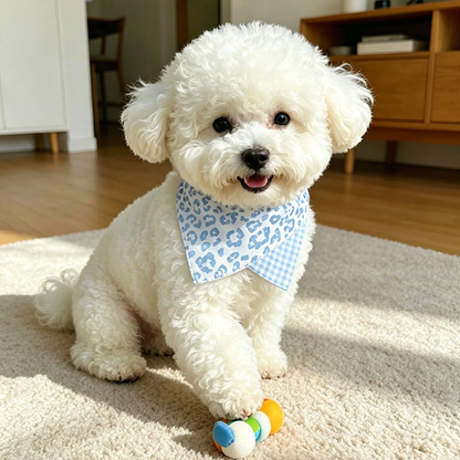 Light Blue leopard-print pet neckwear worn by a white dog