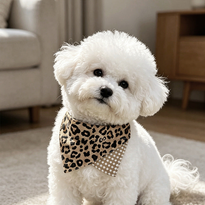Beige leopard-print pet neckwear worn by a white dog