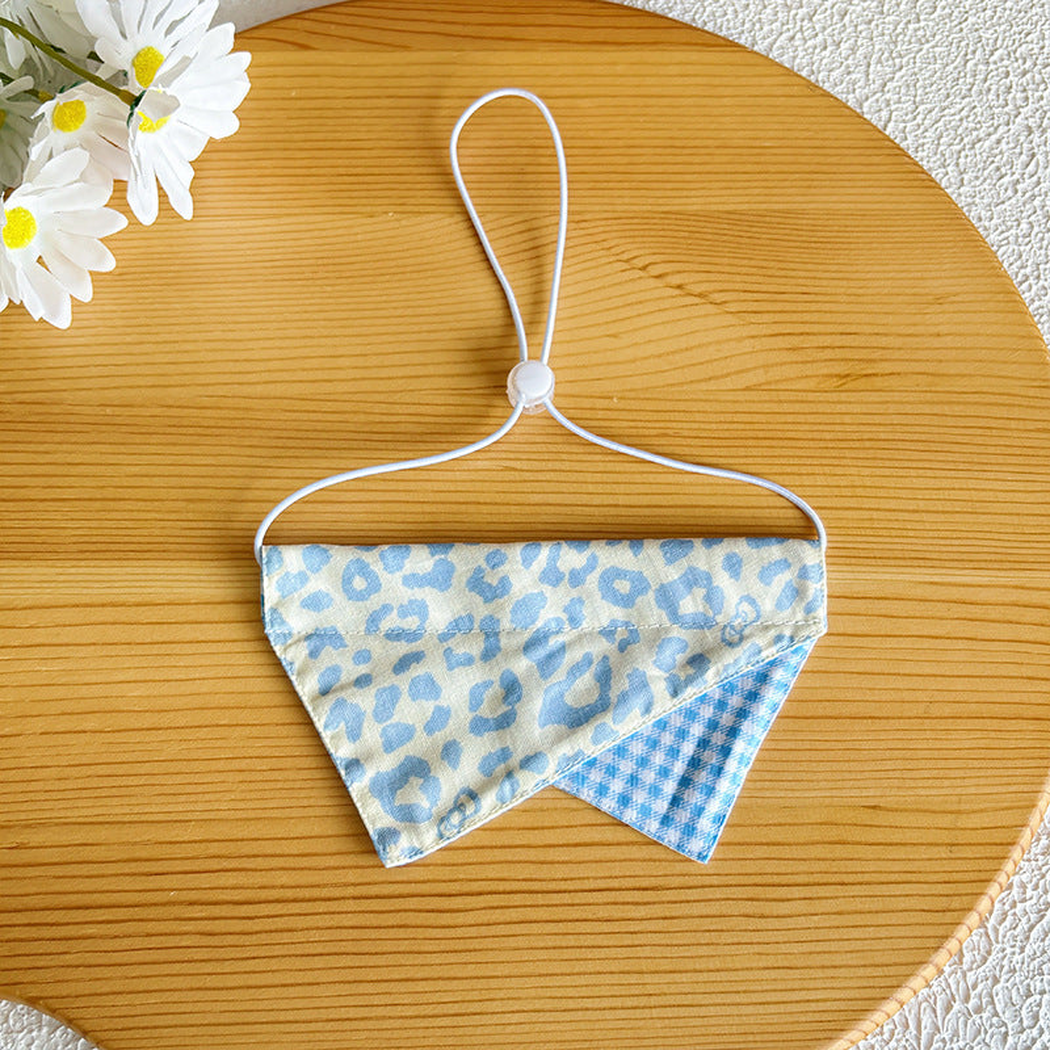 Light Blue leopard-print pet neckwear with gingham accent and adjustable cord loop