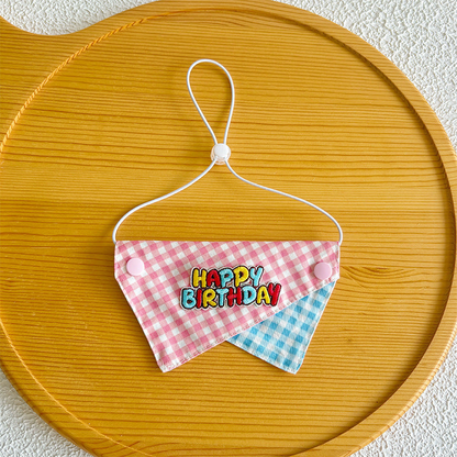 Pink Bandana with layered gingham triangles and multicolor birthday lettering