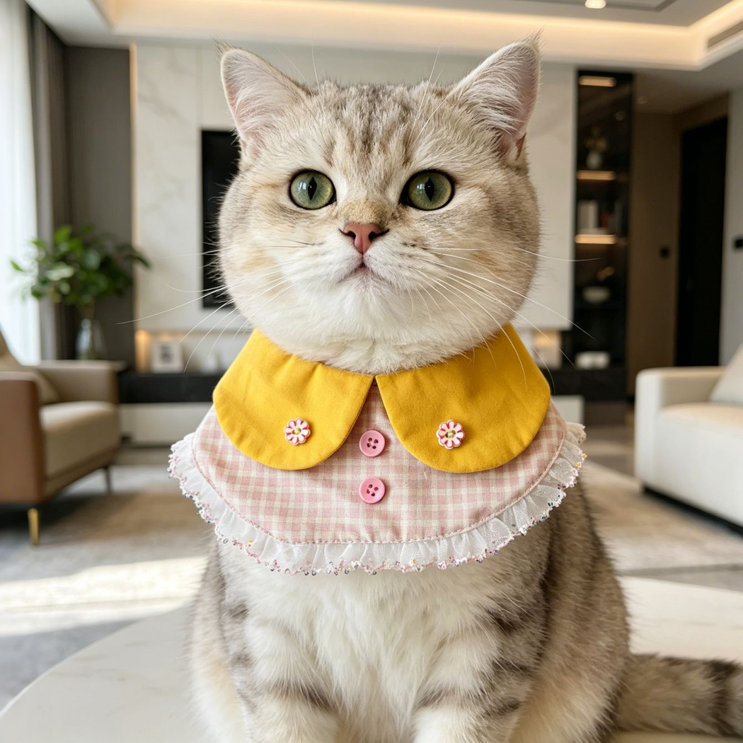 Pink plaid cat neckwear with yellow split collar worn indoors