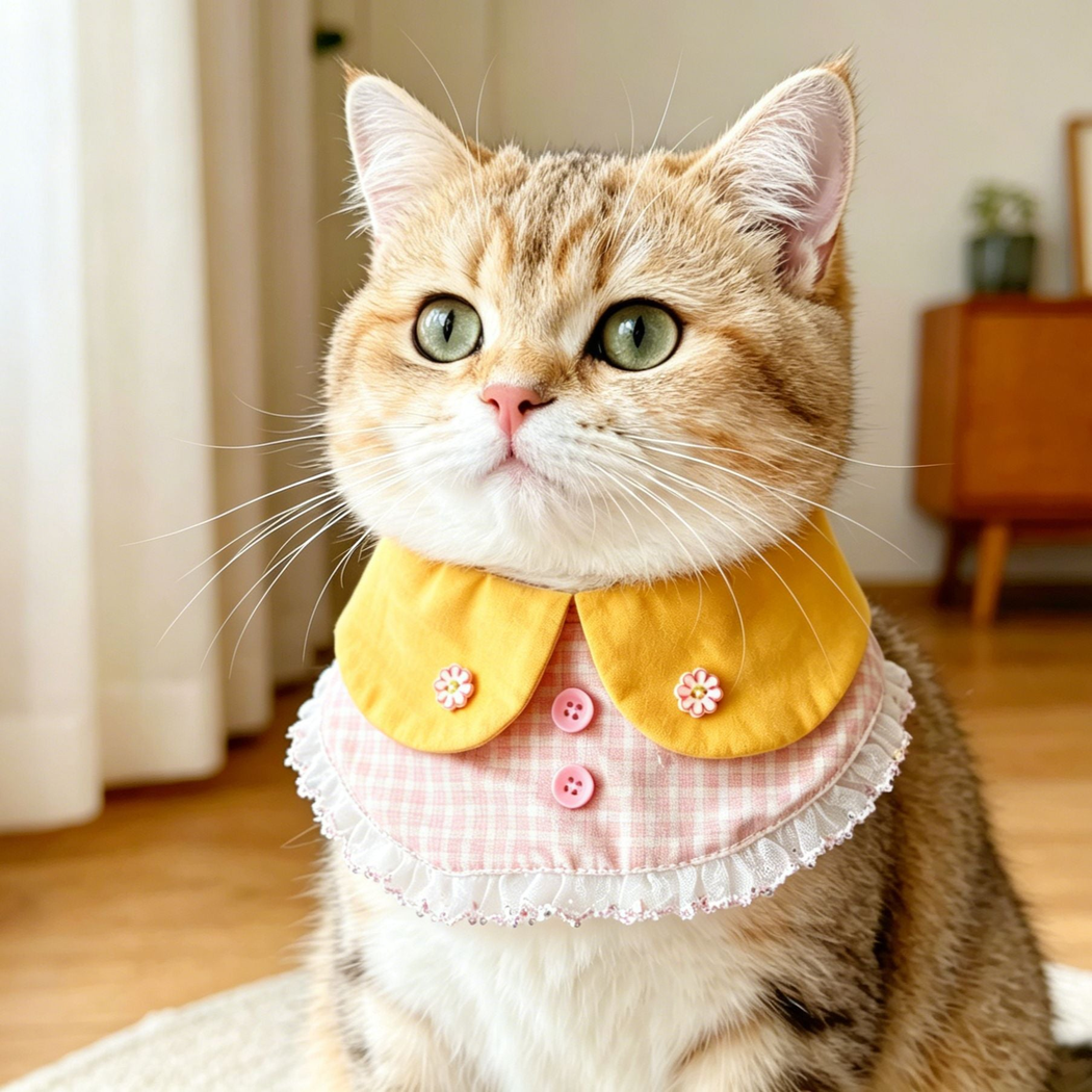 Close view of pink plaid cat neckwear with ruffled edge worn indoors