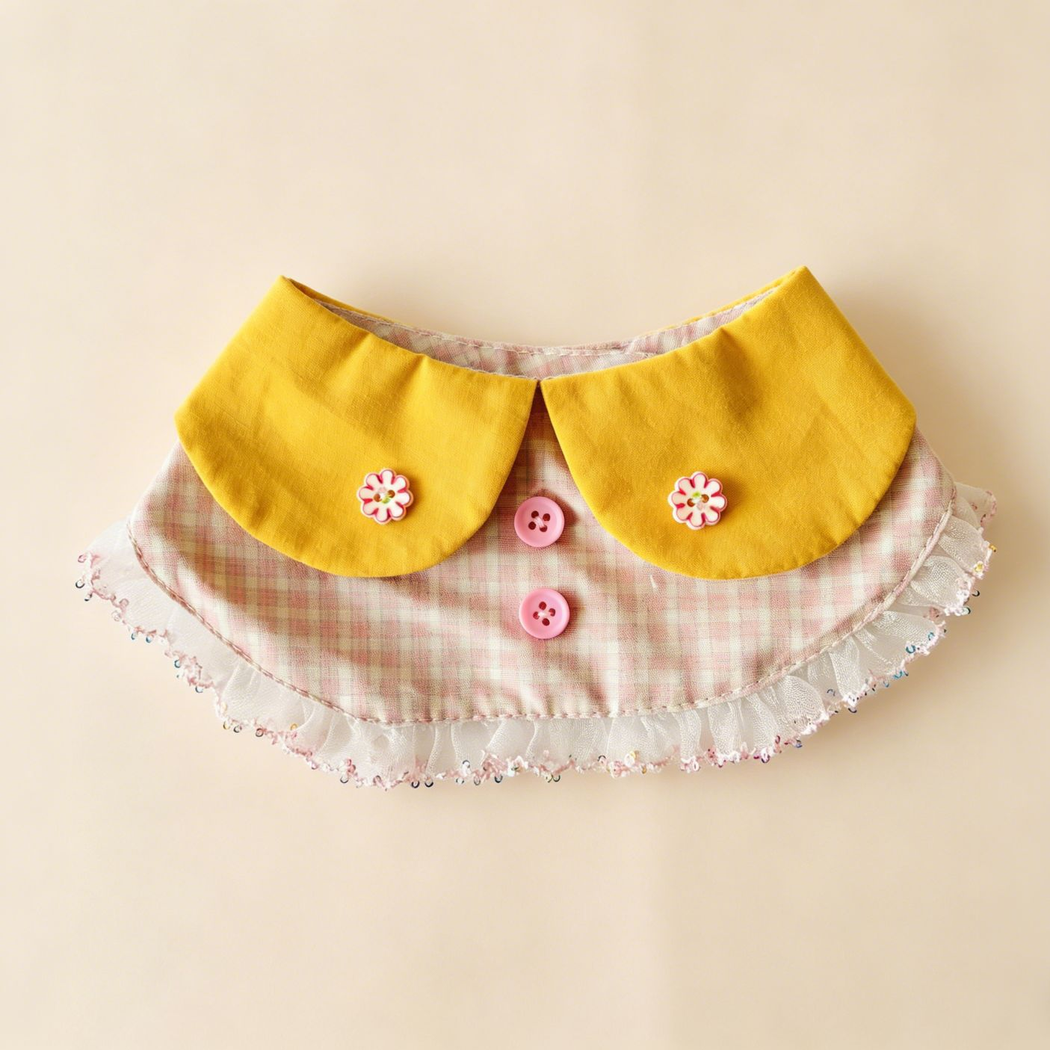 Pink plaid cat neckwear with yellow split collar and ruffled edge