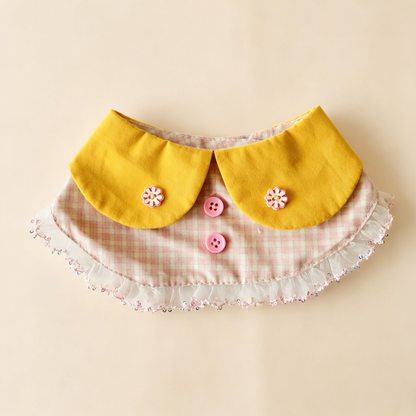 Pink plaid cat neckwear with yellow split collar and ruffled edge
