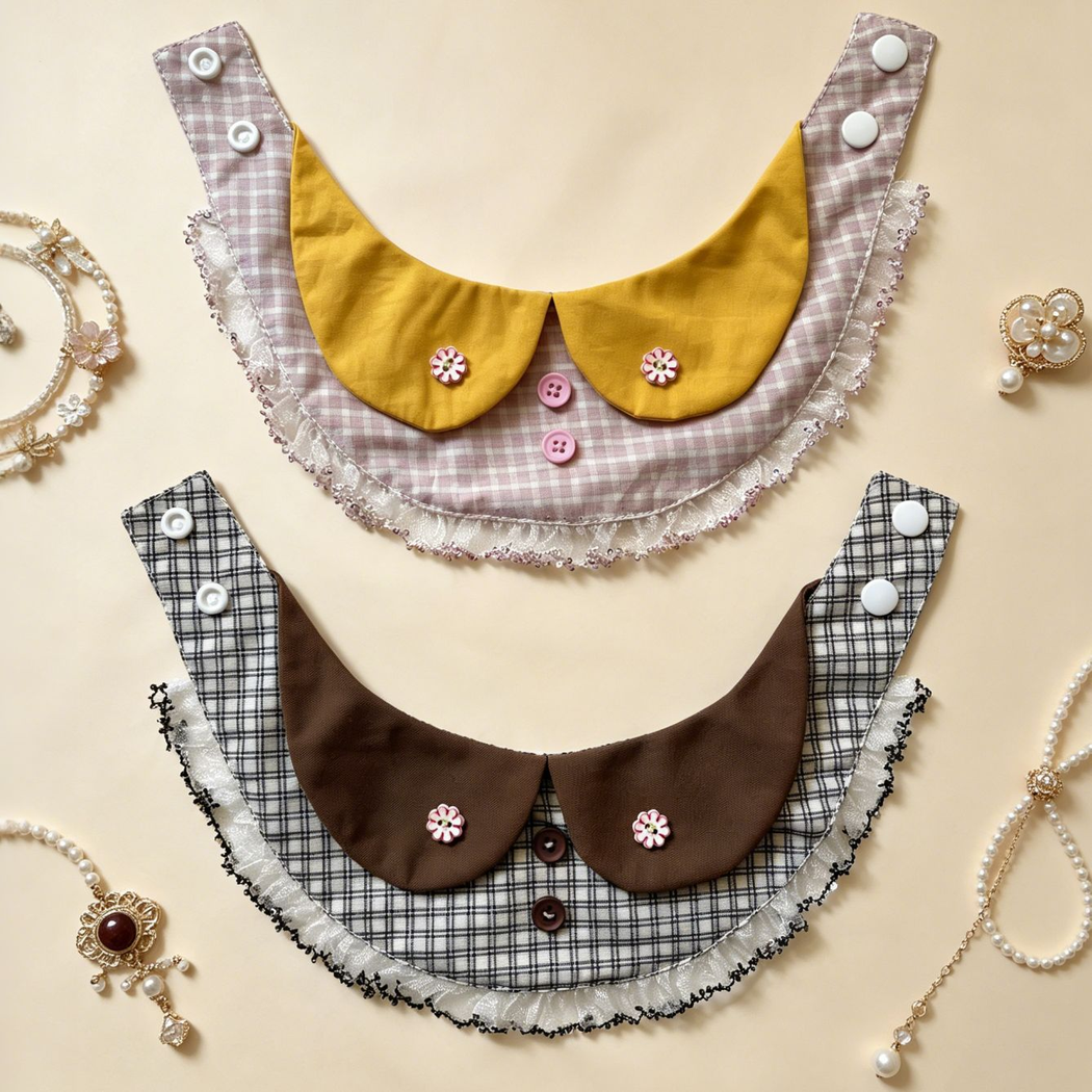Pink and Brown plaid cat neckwear laid flat with snap straps visible