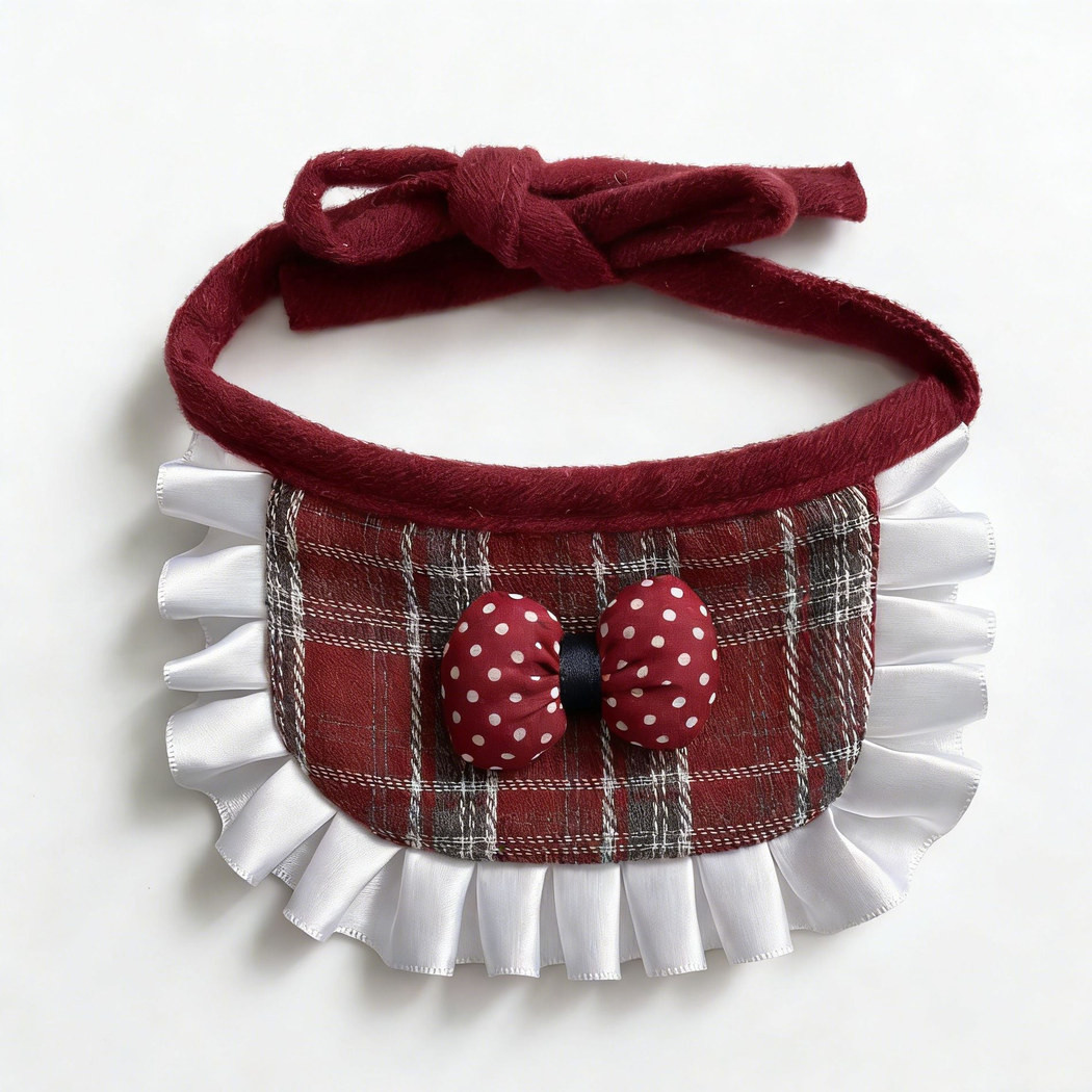 Bow style burgundy plaid pet neckwear with white ruffled edging, front view
