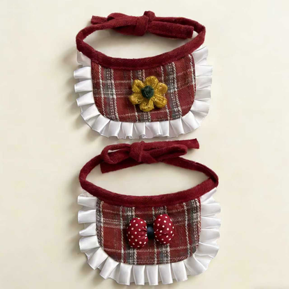 Bow and flower styles of burgundy plaid pet neckwear displayed together
