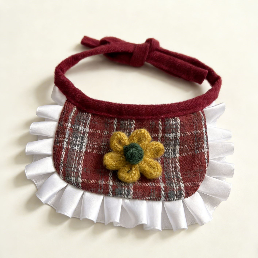 Flower style burgundy plaid pet neckwear with white ruffled edging, front view