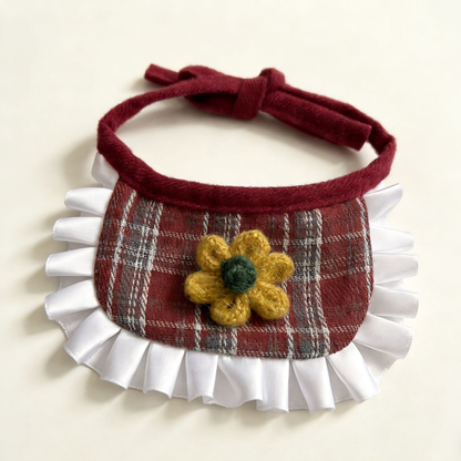 Flower style burgundy plaid pet neckwear with white ruffled edging, front view