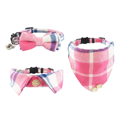 Pink, white, and navy plaid cat collar styles with bow, pointed collar, and bandana panels
