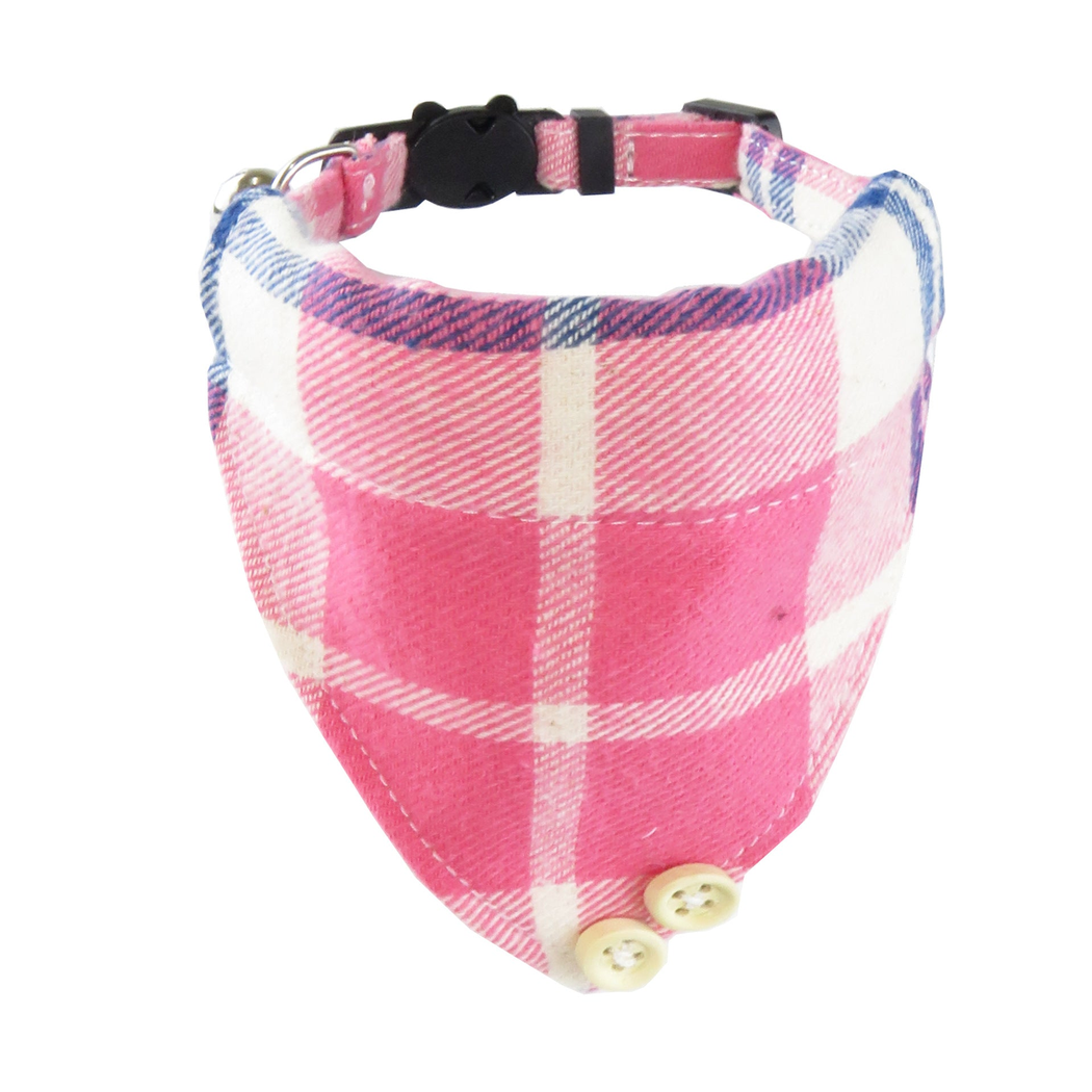 Bandana style pink, white, and navy plaid cat collar with two-button triangular panel