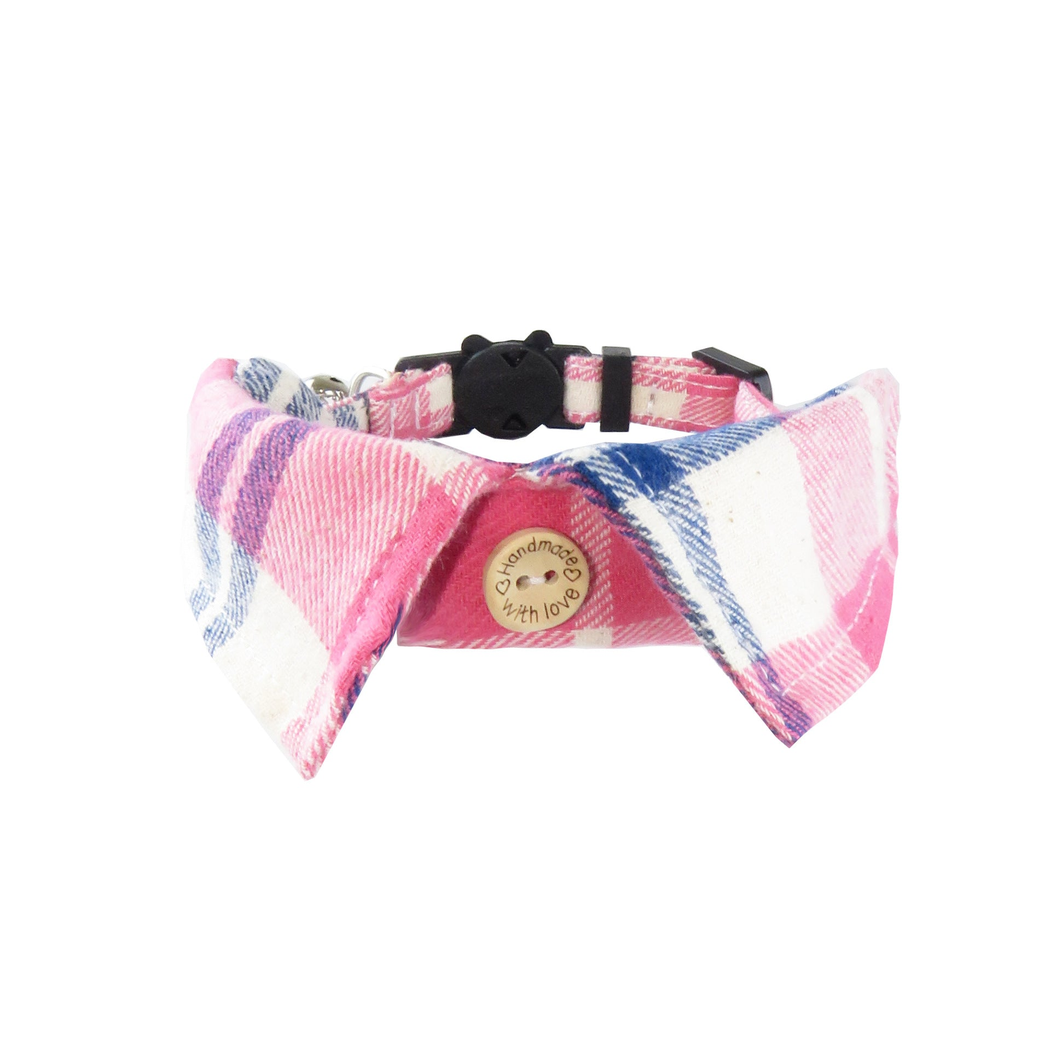 Pointed Collar style pink, white, and navy plaid cat collar with decorative button