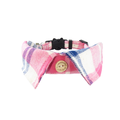 Pointed Collar style pink, white, and navy plaid cat collar with decorative button