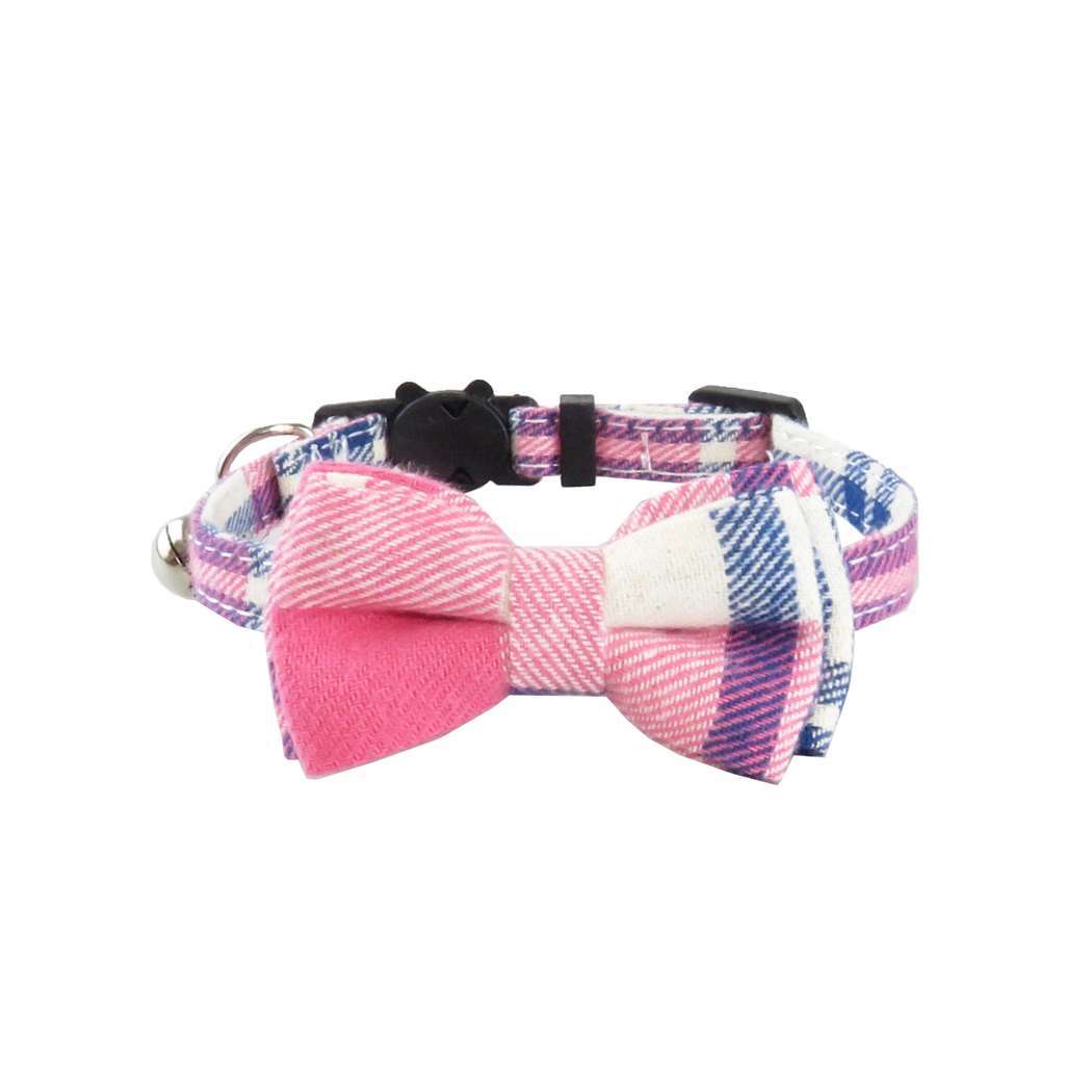 Bow style pink, white, and navy plaid cat collar with layered bow and bell