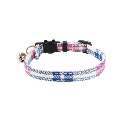 Collar Strap style pink, white, and navy plaid cat collar with bell and cat-face buckle