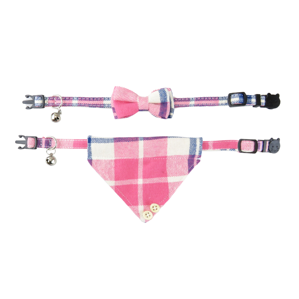 Plaid bow and bandana cat collars laid flat with bells, buckles, and adjustment sliders