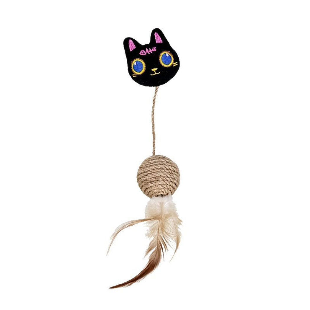 Black cat-head toy with rope-wrapped ball and feather tail