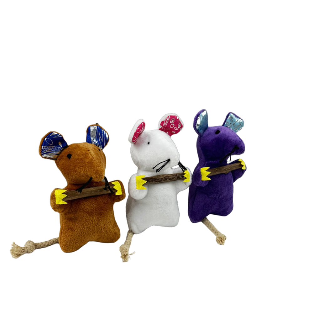 Brown, white, and purple mouse-shaped cat toys displayed together
