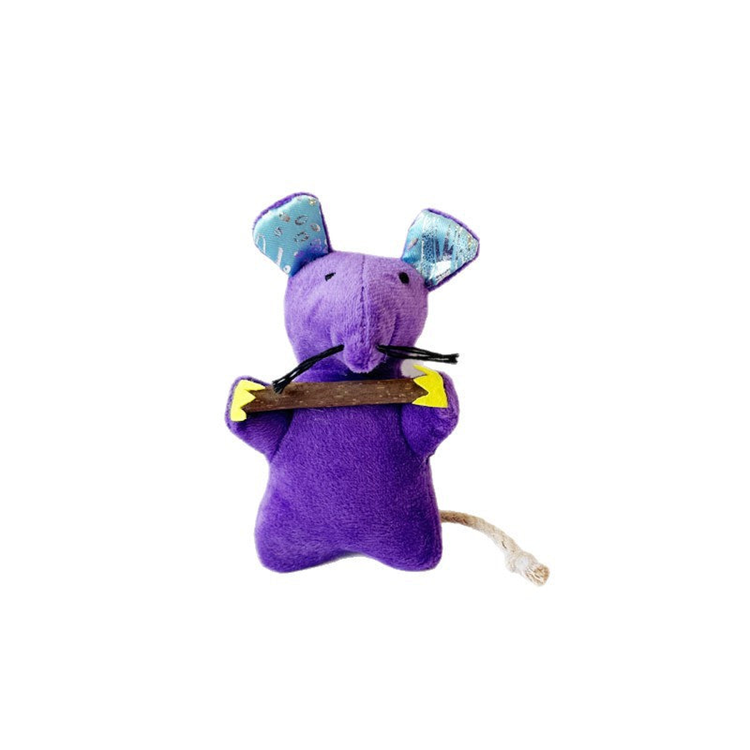Purple mouse-shaped cat toy with patterned blue ears and rope tail