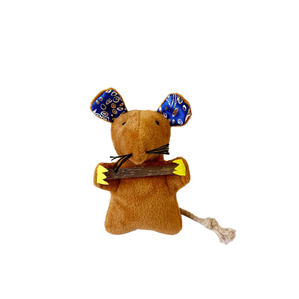 Brown mouse-shaped cat toy with patterned blue ears and rope tail