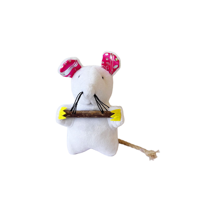 White mouse-shaped cat toy with patterned pink ears and rope tail