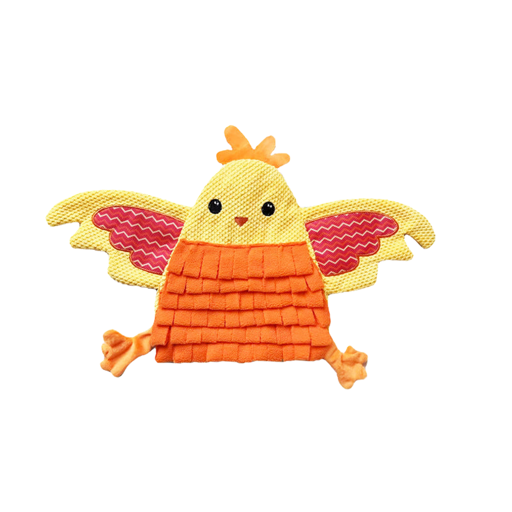 Chicken dog toy with layered orange strips and metric dimensions