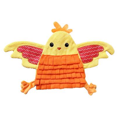 Chicken dog toy with layered orange strips and outstretched wings, front view
