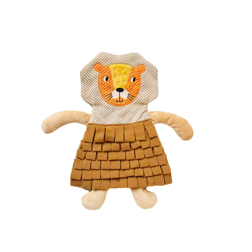 Lion dog toy with layered brown strips and metric dimensions, front view