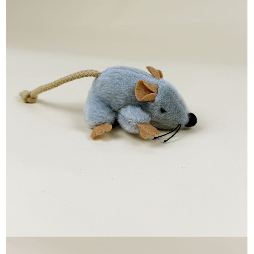 Gray mouse-shaped cat toy with tan ears and paws, black nose, whiskers, and a long rope tail, side view