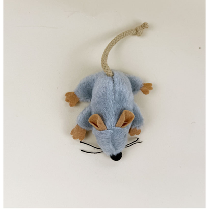 Gray mouse-shaped cat toy with tan ears and paws and a centered rope tail, top view