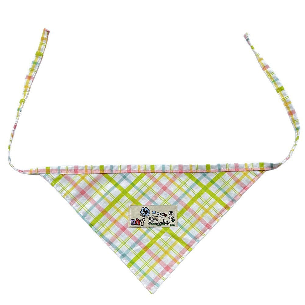 Green / Yellow plaid pet neckwear spread flat with both long ties extended.
