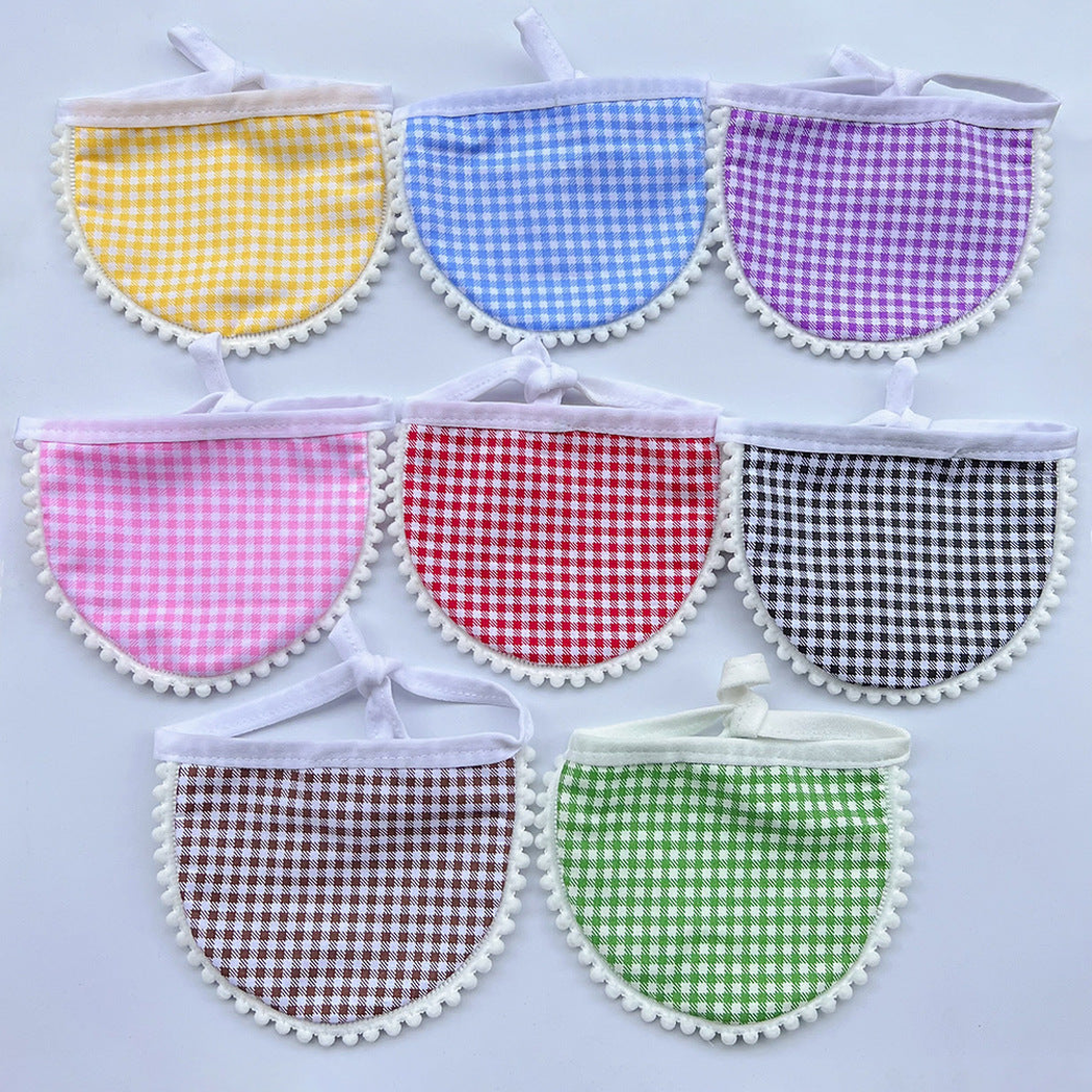 Gingham Pet Neckwear in eight colors with semicircular panels, white ties and pom-pom edging.