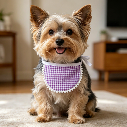 Tan and gray dog sitting on a rug wearing Purple gingham Pet Neckwear.
