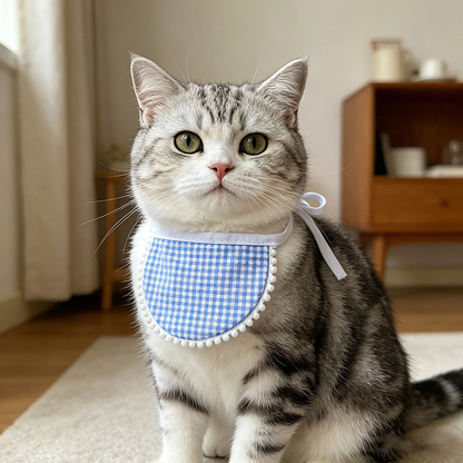 Gray tabby cat wearing Blue gingham Pet Neckwear with white ties and pom-pom edging.