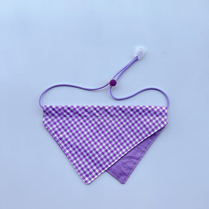 Purple gingham Pet Neckwear with a plain purple lower panel and cord loop.