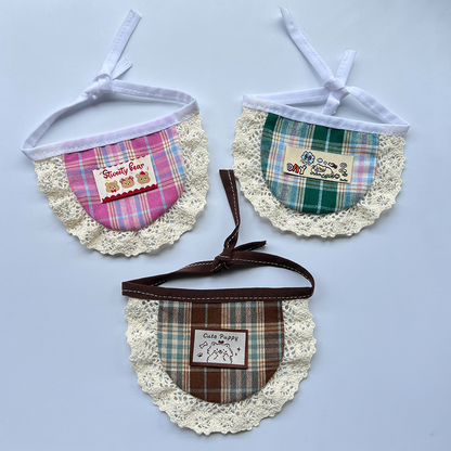 Bears, Puppy and Cat & Fish Cat Neckwear arranged together with tied straps and scalloped cream trim.
