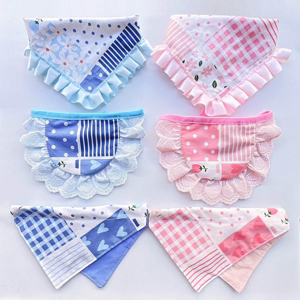 Six pink and blue patchwork pet neckwear styles displayed together