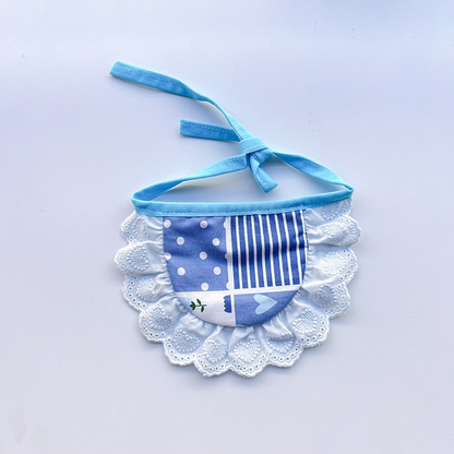 Blue Bib pet neckwear with patchwork front and scalloped lace-look trim