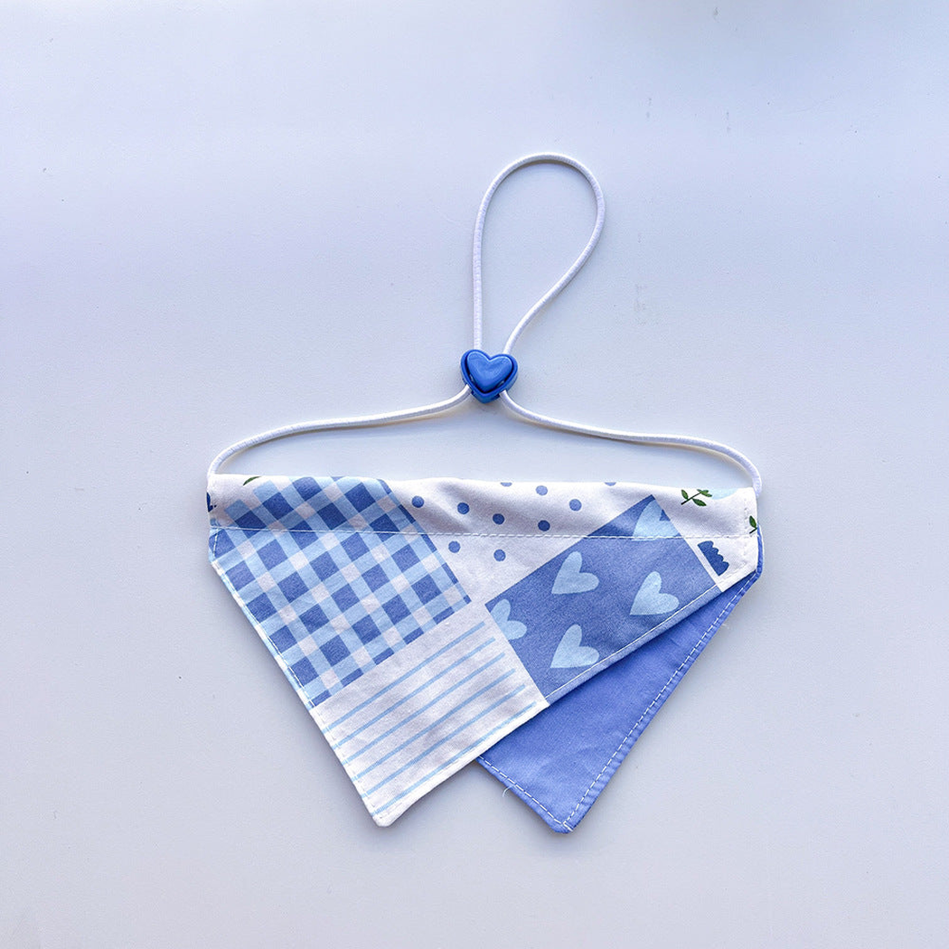 Blue Grid layered bandana pet neckwear with heart-shaped slider