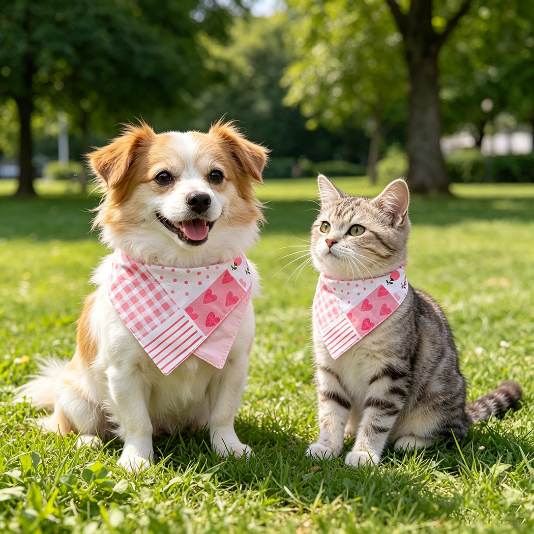Dog and cat wearing pink grid bandana pet neckwear outdoors